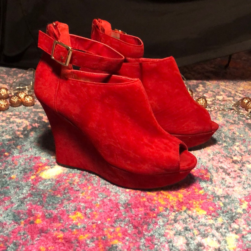 Red Suede Open-Toe Wedge